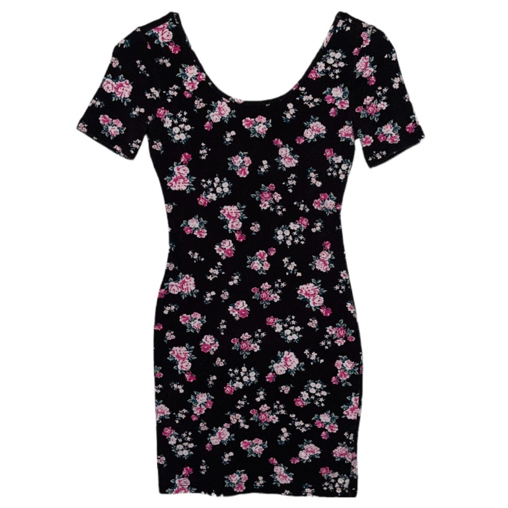 Forever 21 Bodycon Dress Black w/Pink Floral Print Size S